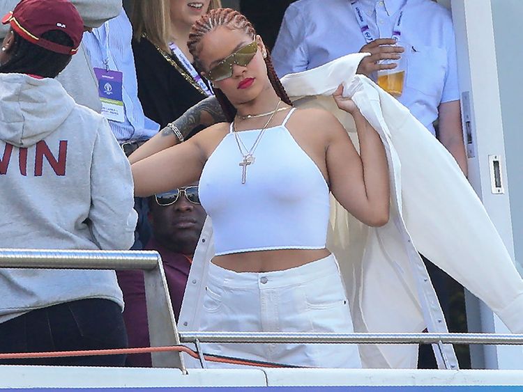 Rihanna spectates during the World Cup group stage match between Sri Lanka and West Indies at the Riverside Ground, in Chester-le-Street